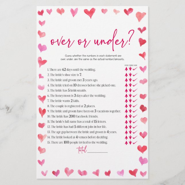 Hearts Over or Under Bridal Shower Game  Briefpapier (Vorderseite)