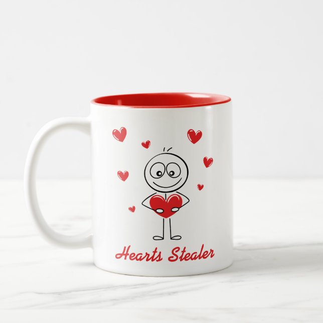 Hearts Stealer Cute Stick Figure Love Design Zweifarbige Tasse (Links)