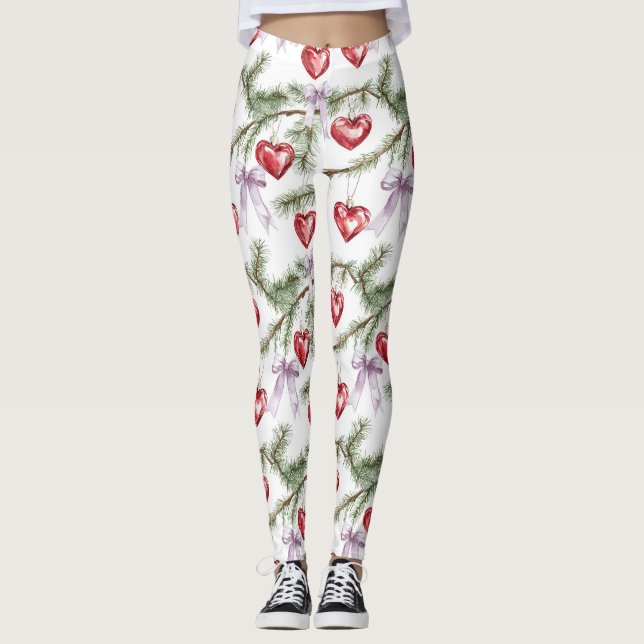 Hearts Trees Red Purple Bows Christmas Leggings (Vorderseite)