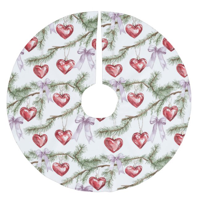 Hearts Trees Red Purple Bows Christmas Polyester Weihnachtsbaumdecke (Vorderseite)