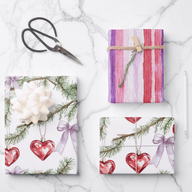 Hearts Trees Red Purple Bows Stripes Christmas Geschenkpapier Set (Vorderseite)