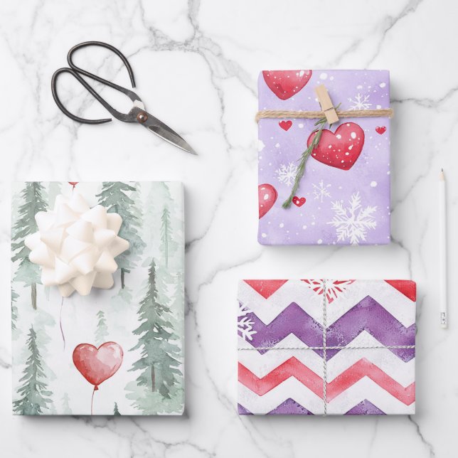 Hearts Trees Snowflakes Red Purple Christmas Geschenkpapier Set (Vorderseite)