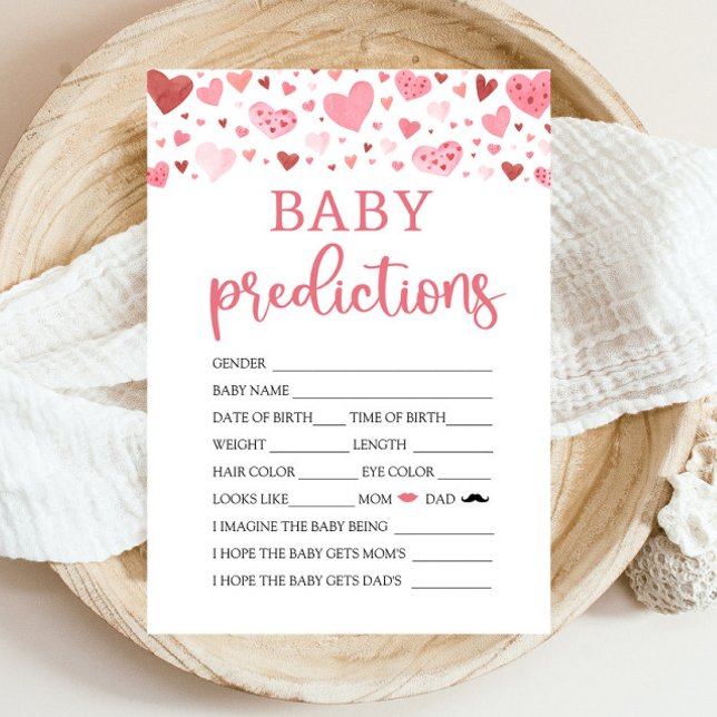 Hearts Valentine Baby Shower Baby Prediction Game Einladung (Watercolor Cute Pink Red Hearts Valentine A Little Sweetheart Girl Baby Prediction Baby Shower Game)