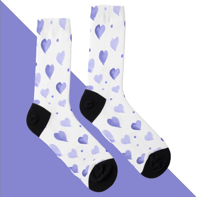 Hearts Watercolor Blue Pattern Socken (A pair of socks with a blue watercolor heart and polka dot pattern)