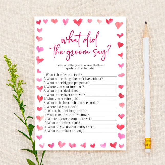 Hearts What Did The Groom Say? Bridal Shower Game  Briefpapier (Von Creator hochgeladen)