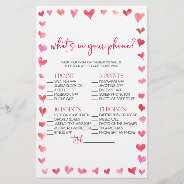 Hearts What's In Your Phone? Bridal Shower Game  Briefpapier (Vorderseite)