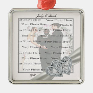 Hearts White Wedding Square Silver Ornament