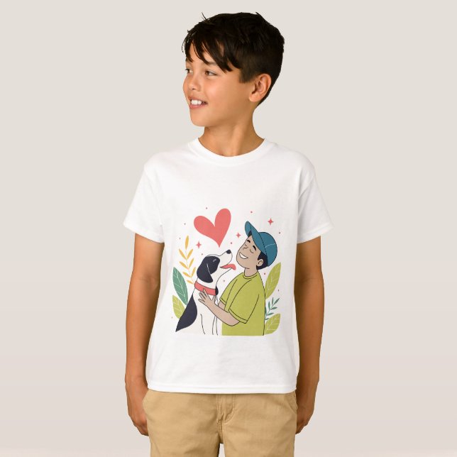 Heartwarming Boy Hugging Hund T - Shirt (Vorne ganz)