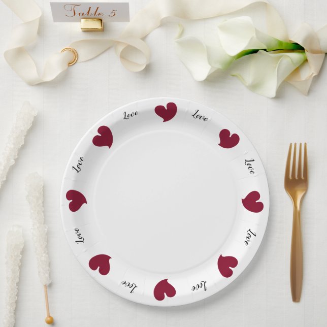 Hearty Hearts Burgunder - Benutzerdefinierter Text Pappteller (Hochzeit)
