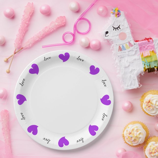 Hearty Hearts Purple - Custom Text Paper Plates Pappteller (Party)