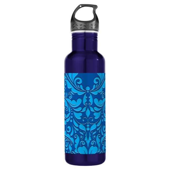 Hearty Party Cobalt Blue und Türkis Damask Herz Trinkflasche (Vorderseite)
