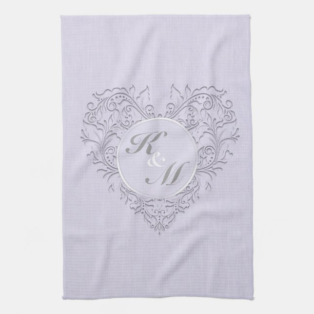 HeartyChic Lavender Leinen Damask Herz Geschirrtuch (Vertikal)