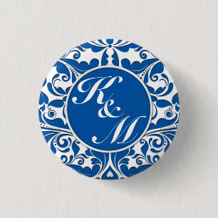 HeartyParty Blue & White Damask Herz Button