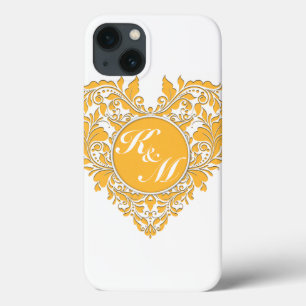HeartyParty Gelb & Weiß Damask Herz iPhone 13 Hülle