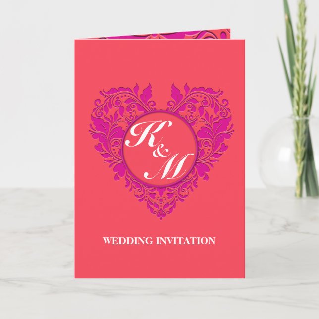 HeartyParty Himbeere und Magenta Damask Herz Einladung (Vorderseite)