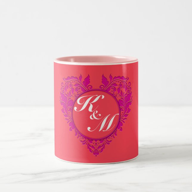 HeartyParty Himbeere und Magenta Damask Herz Zweifarbige Tasse (Mittel)