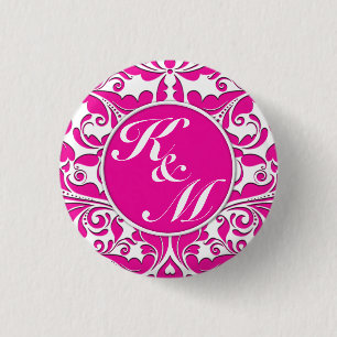 HeartyParty Pink Magenta & White Damask Herz Button