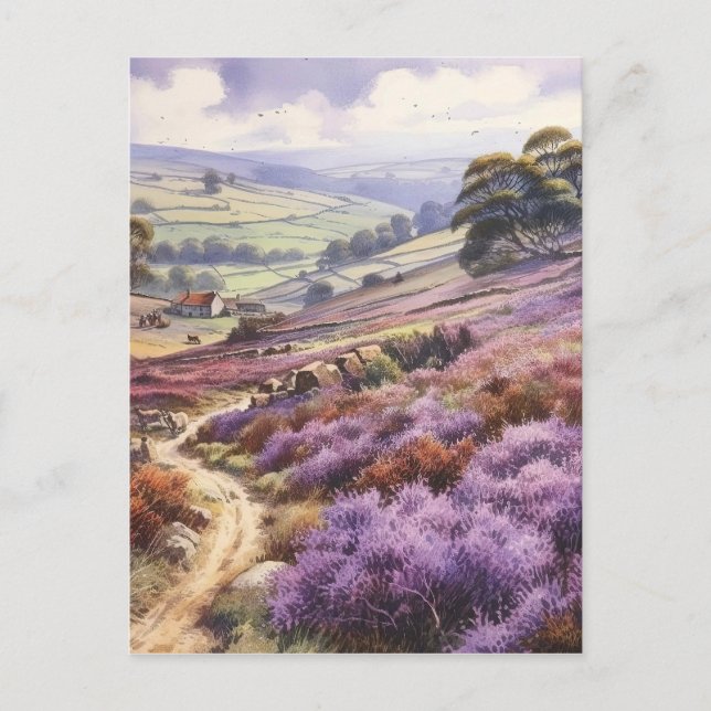 Heather Moorland Feld in einem Tal Landschaft Postkarte (Vorderseite)