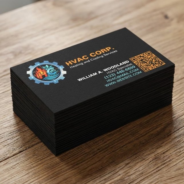 Heating and Cooling Logo & Qr Code | Black HVAC Visitenkarte (minimalist HVAC business cards. Designed for true heating and cooling specialists)