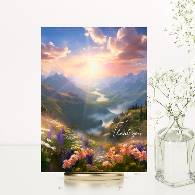 Heaven Mountains Sun Wilde Blume Beileid Karte (Heaven Mountains Sun Wild Flowers Sympathy Thank You Card | River Water)