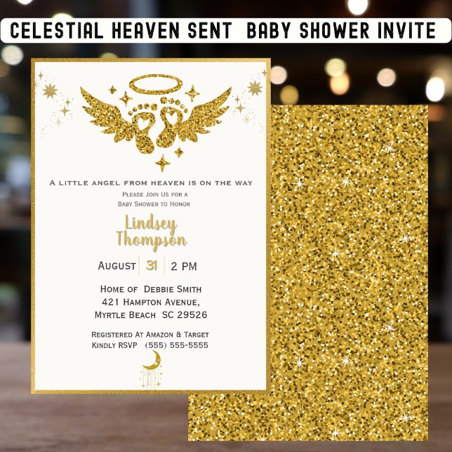 Heaven Sent Angel Gold Glitzer Baby Dusche Einladung (Von Creator hochgeladen)