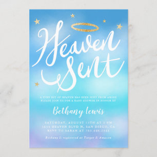 Heaven Sent Angel Gold Halo Blue Baby Dusche Einladung