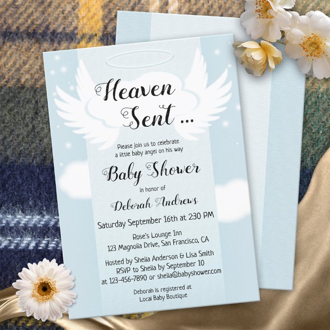 Heaven Sent Angel Wings Boy Baby Shower Einladung (Von Creator hochgeladen)