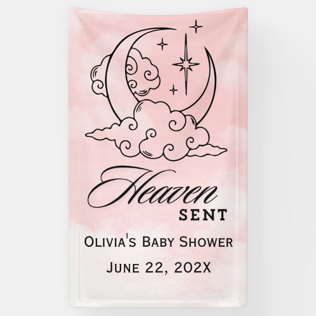 Heaven Sent Baby Dusche Rosa Moon Stars Banner (Vertikal)