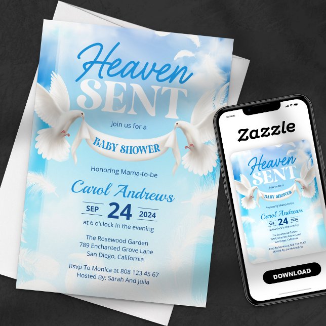 Heaven Sent Blue and White Dove Baby Dusche Einladung (Von Creator hochgeladen)