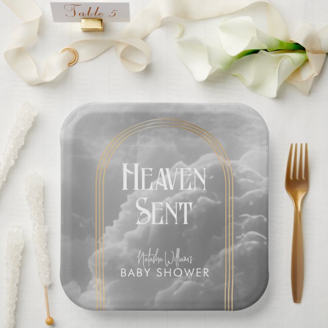 Heaven Sent Clouds Golden Neutral Baby Dusche Pappteller (Hochzeit)