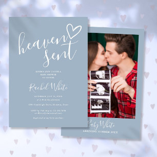 Heaven Sent Dusty Blue Foto Boy Baby Dusche Einladung
