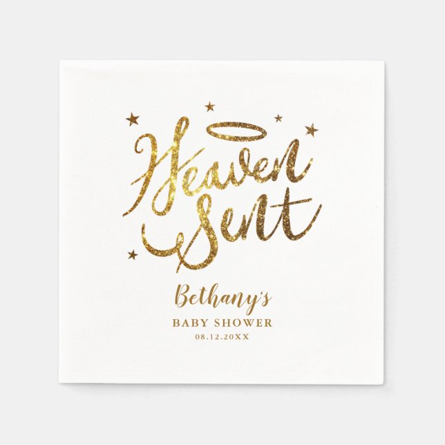 Heaven Sent Elegante Baby Dusche Gold Glitzer Serviette (Vorderseite)