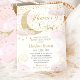 Heaven Sent Moon and Stars Pink Gold Baby Shower Einladung
