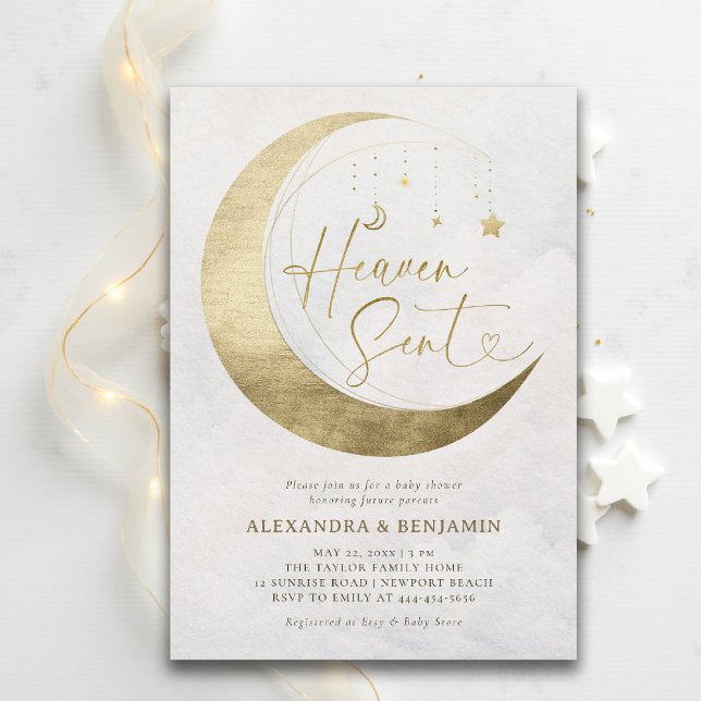 Heaven Sent Moon Gold White Sky Coed Baby Shower Einladung (baby shower invitation heaven sent moon stars sky white gold neutral coed jack jill)