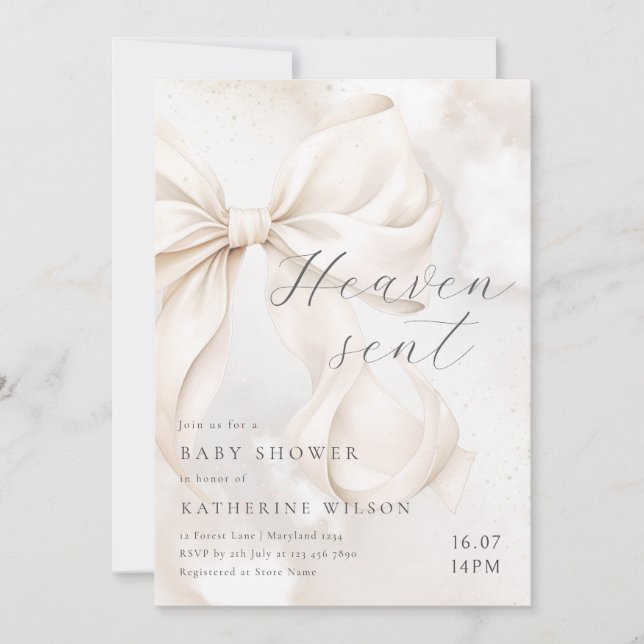 Heaven Sent Neutral Bow Baby Shower Invitation Einladung (Vorderseite)
