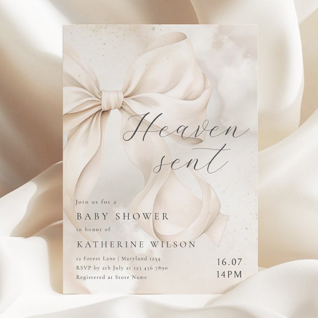 Heaven Sent Neutral Bow Baby Shower Invitation Einladung (Von Creator hochgeladen)