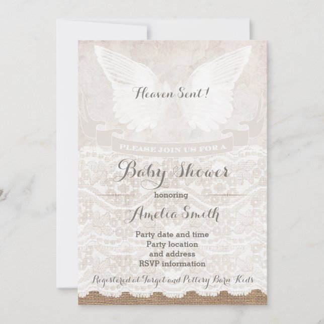 Heaven Sent Silver Taupe Angel Baby Dusche Einladung (Vorderseite)
