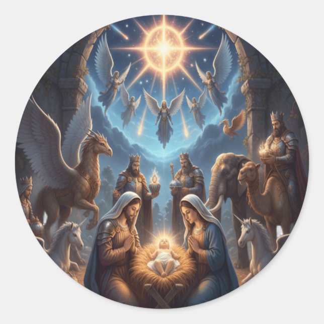 Heavenly Nativity – Mythical Christmas Scene Stic Runder Aufkleber (Vorderseite)
