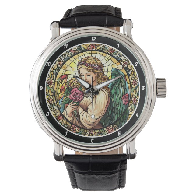 Heavenly Rose Serenade Stained Glass Angel Armbanduhr (Vorderseite)