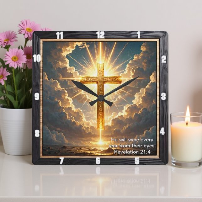 Heaven's Gate Golden Cross Sunset Revelation 21:4 Quadratische Wanduhr (Von Creator hochgeladen)