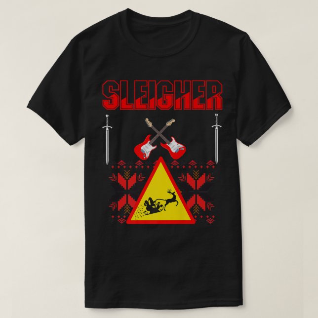 Heavy Metal Christmas Sleigher Guitar Sword Music  T-Shirt (Design vorne)