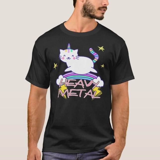 Heavy Metal Kawaii Unicorn Cat and Rainbow T-Shirt (Vorderseite)