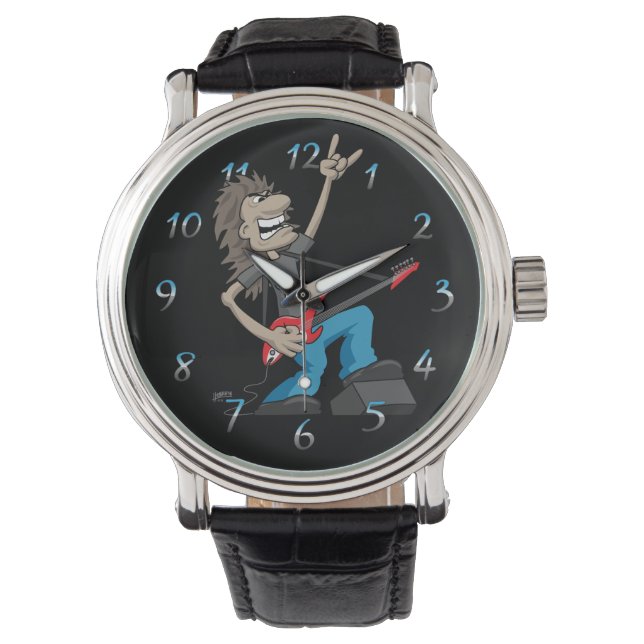 Heavy Metal Rock Gitarrist Cartoon Armbanduhr (Vorderseite)