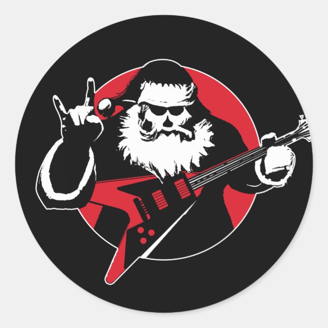 Heavy Metal Santa Claus Gitarre spielen Runder Aufkleber (Vorderseite)
