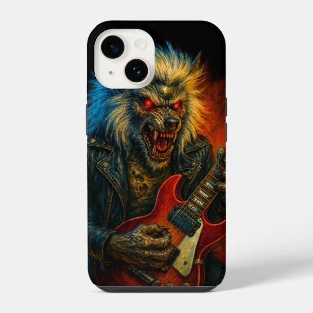 Heavy-Metal-Wolve spielt Gitarre iPhone Hülle (Rückseite)