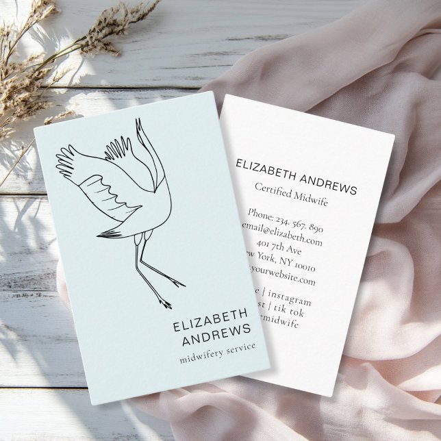 Hebamme, Storch, Blau Visitenkarte (Modern, blue business card. Line Art Illustration, Storch. For childcare, midwives and more.)