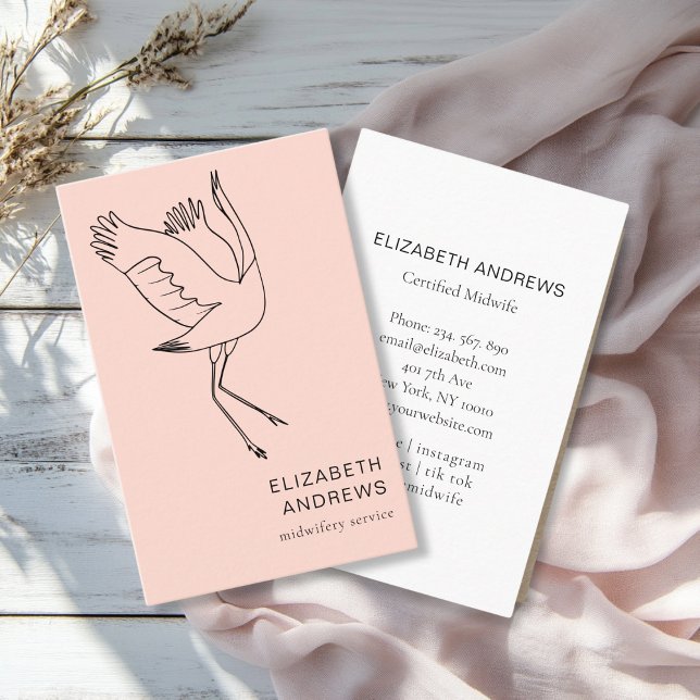 Hebamme, Storch, Pfirsichblüte Visitenkarte (Modern, peach-blush business card. Line Art Illustration, Storch. For childcare, midwives and more.)