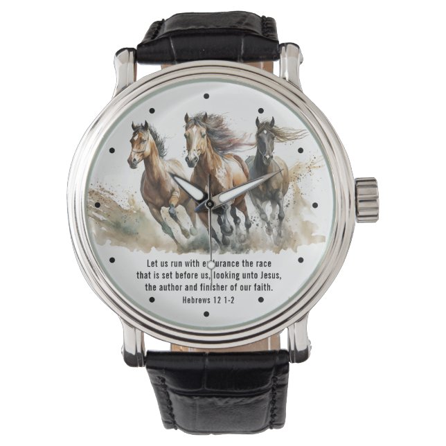 Hebräer 12:1 Lauf mit der Endurance Horse Bible Ve Armbanduhr (Vorderseite)