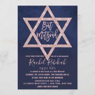 Hebräische Rose Gold Pink Navy Blue Star Bat Mitzv Einladung
