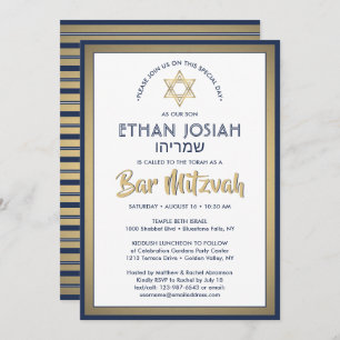Hebräischer Name Bar Mitzvah Elegant Gold White & Einladung